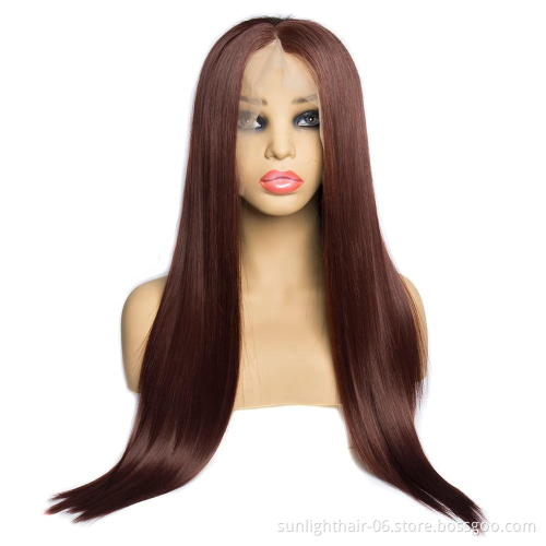Cheap 99J/33 Silky Straight Wine Red Long Natural Glueless Heat Resistant Synthetic Fiber Hair Lace Front Wigs Cosplay for Woman